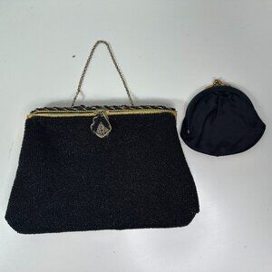 Vintage Hand Made in France Black Beaded Evening Bag Purse